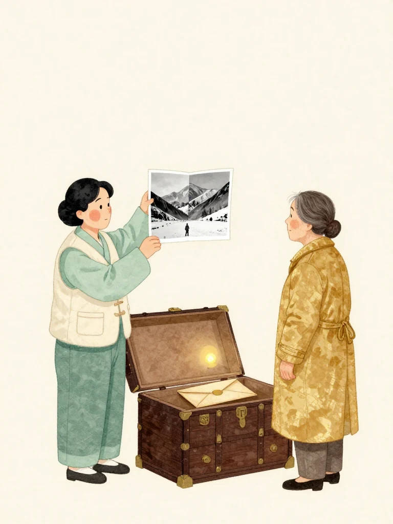 서지안 raises the final black-and-white folding-panel photograph, revealing a winter mountain and a tiny traveler crossing below, while 서명주 studies it from beside the open chest. The aged envelope and lacquered box rest between them. Warm bulb light closes the long gap in the attic sequence. Setting: 문향재. Visible objects: 반닫이의 봉투.