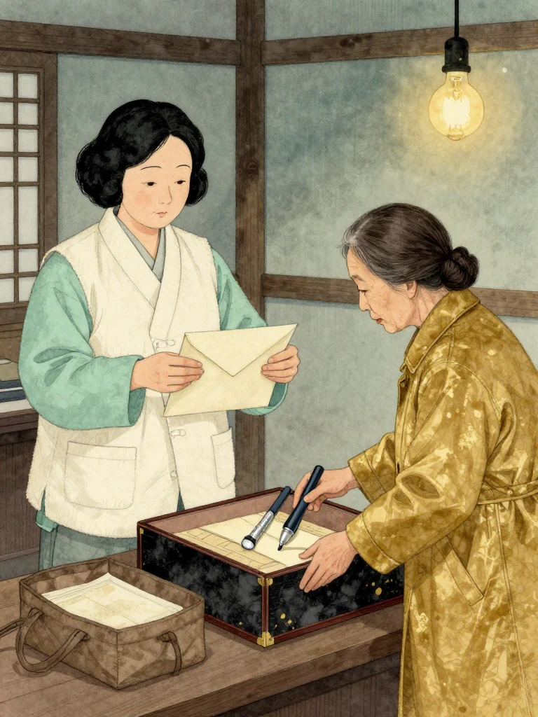서지안 refolds the unfinished accusation along its deep creases and returns it to the aged envelope while 서명주 opens the lacquered box fully, revealing two small heat tools and wrapped pale sheets. The investigation packet remains inside a nearby bag. Winter night and the workshop bulb frame a destination finally available for inherited evidence. Setting: 문향재. Visible objects: 반닫이의 봉투.
