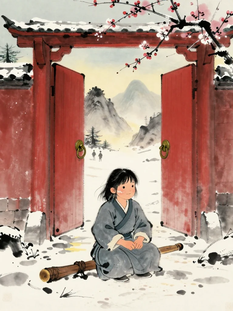 진소운 sits outside the red mountain gate with knees drawn close, one fist wrapped around a half-charred wooden tally while frost catches along one cheek. Pale predawn light spreads across untouched snow, the bronze gate ring sways in the wind, and a narrow forced smile appears as quiet footsteps approach from beyond the doors. Setting: 화산파 산문. Visible objects: 반쪽 매화패.