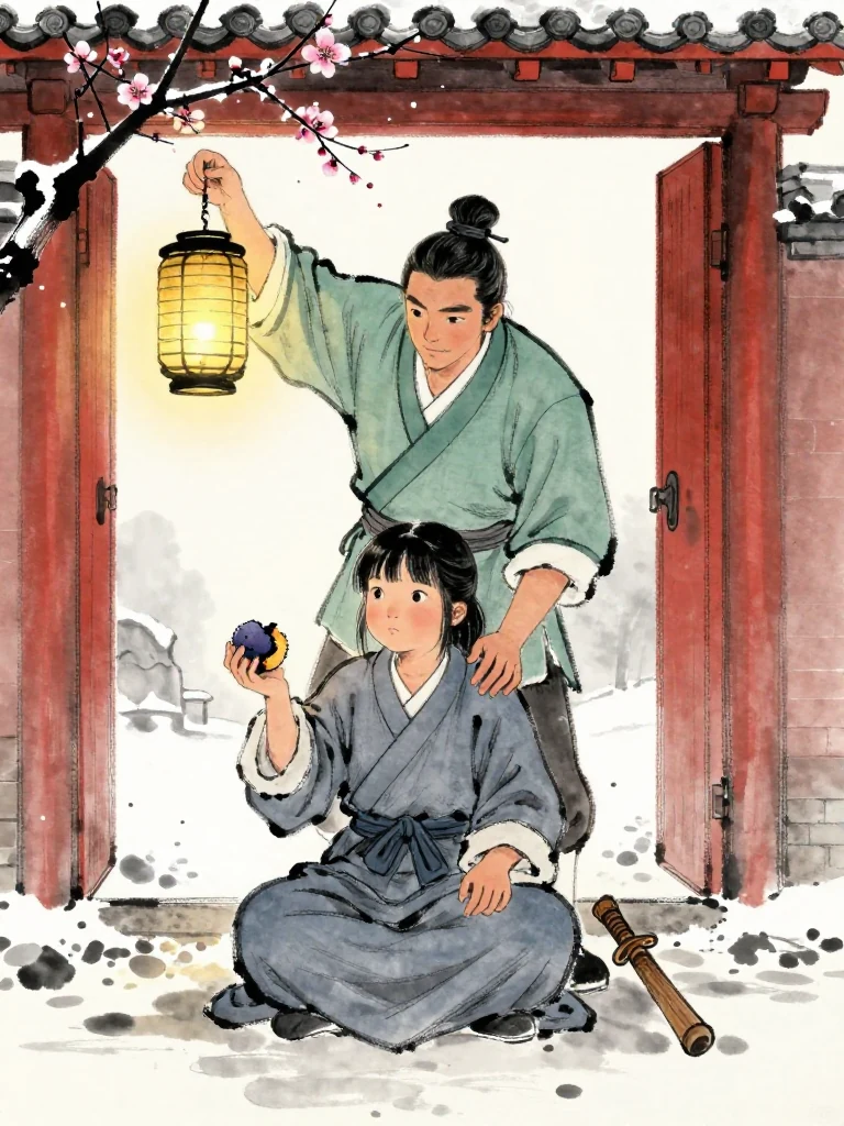 백무한 bends beneath a raised lantern and settles a gray outer robe across 진소운's shoulders. A half-charred plum tally remains cupped between the seated figure's hands, its broken blossom edge catching amber light. Snow gathers against the red gate, while briefly curled fingers and a searching gaze hold a quiet recognition. Setting: 화산파 산문. Visible objects: 반쪽 매화패.