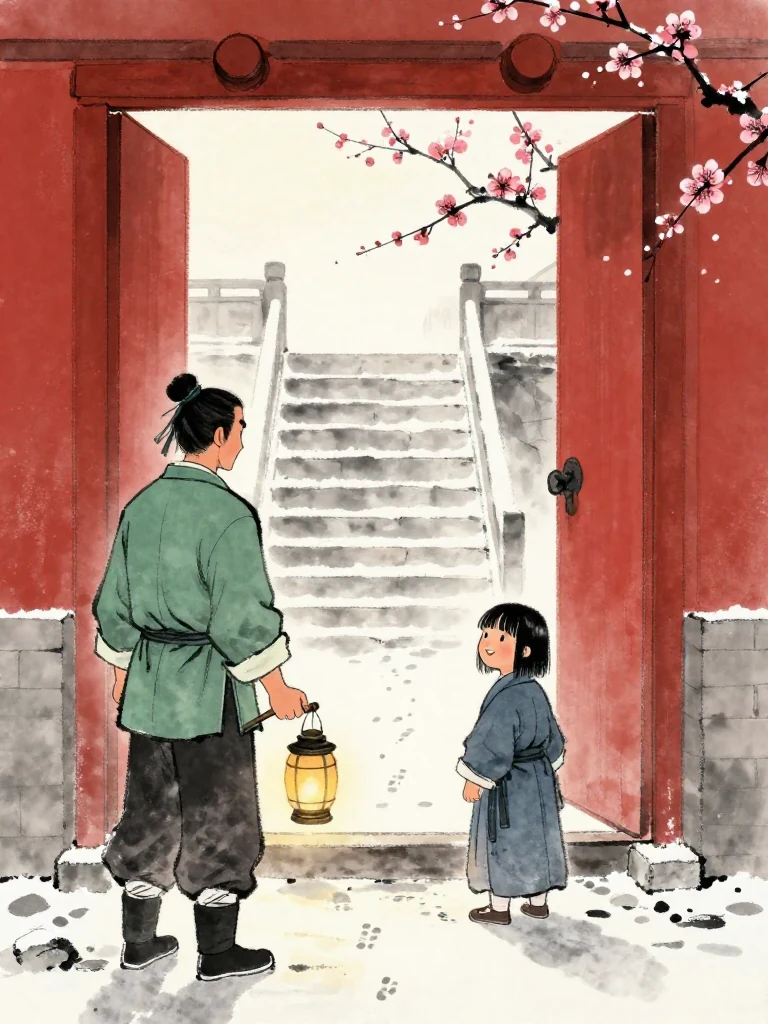 백무한 turns toward the open gate and the pristine second stair, lantern held low over untouched snow. 진소운 rises from a crouch at the threshold, squares both shoulders, and forces a bright tight smile toward the same person. The immense red doors, clean stone steps, and single trail of footprints frame the sudden resolve in cold dawn light. Setting: 화산파 산문.