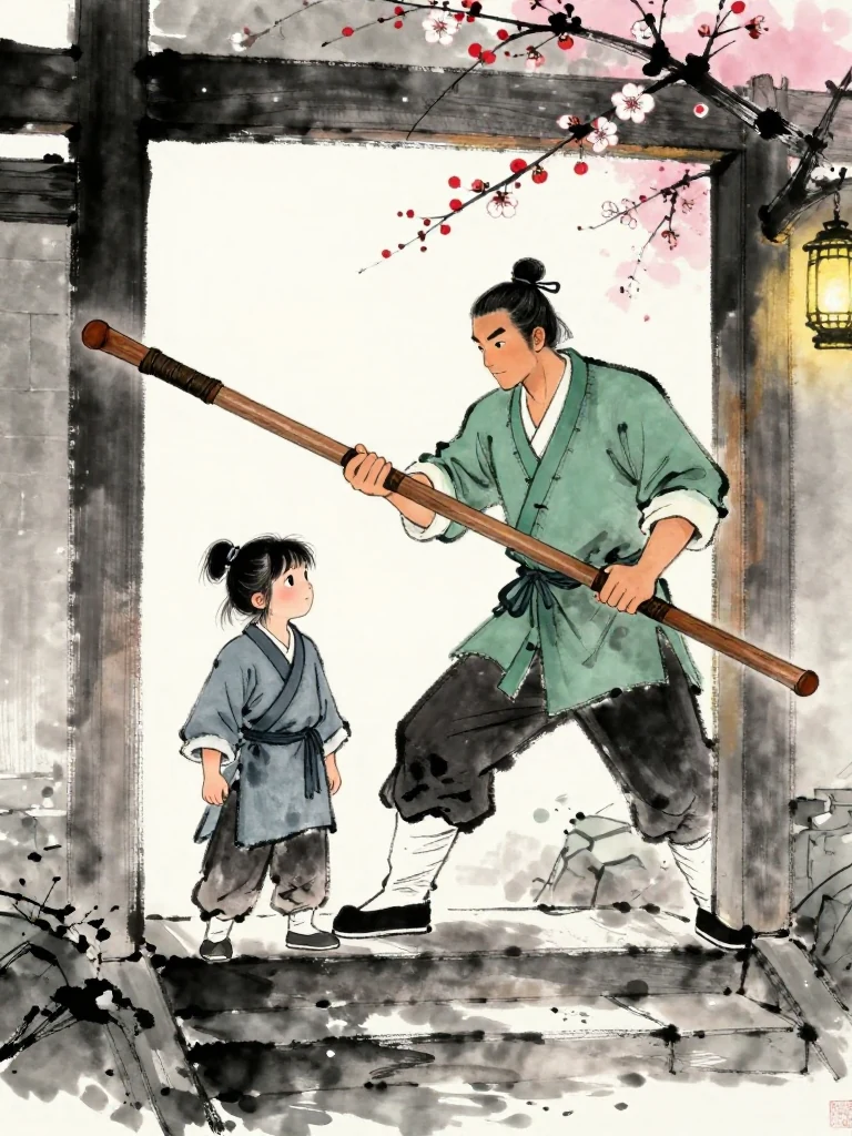 백무한 stands inside the widened gate with one hand still extended after passing a worn wooden practice sword to 진소운. The same person steps onto the first wet stair, body pitching forward while both arms clamp around the heavy weapon. Rounded wood, patched grip leather, slick stone, and lantern glow sharpen the instant before one knee strikes. Setting: 화산파 산문. Visible objects: 낡은 목검.