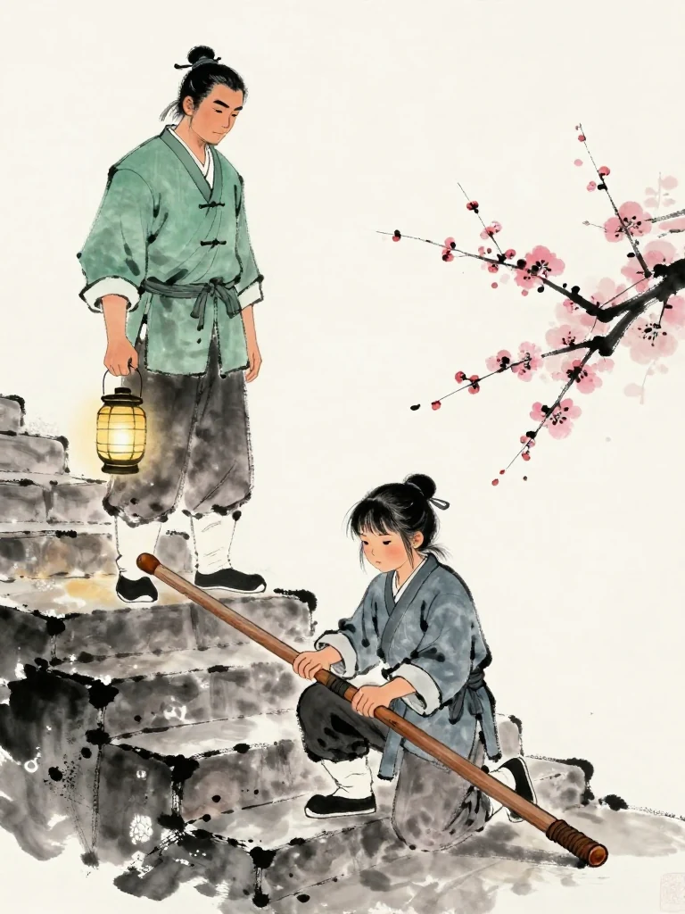 진소운 kneels on the wet stair with one knee pressed to stone, both hands checking that the worn practice sword remains secure. 백무한 waits one step above with lantern lowered and posture still. Pain tightens the fallen figure's face, then relief softens one hand as snow, red timber, and damp stone hold the quiet test. Setting: 화산파 산문. Visible objects: 낡은 목검.