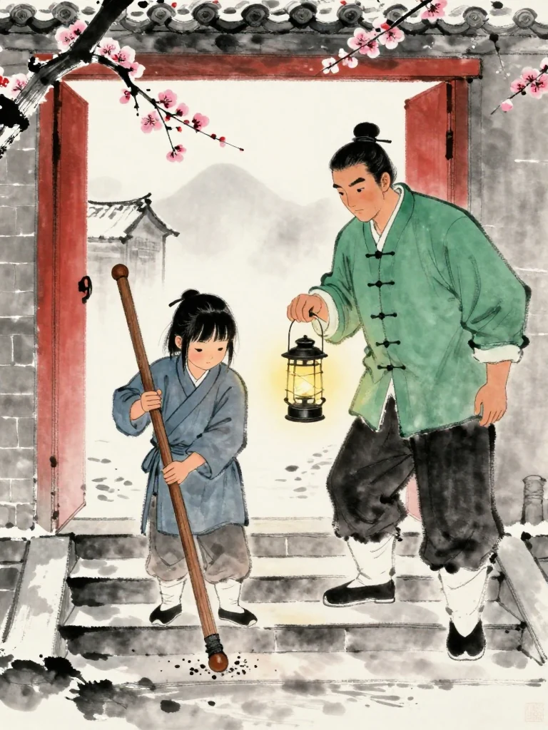 진소운 plants both feet on the second stair and resets frozen fingers around the patched grip of a worn practice sword. 백무한 lowers a lantern beside the same person, sending amber light briefly across the half-charred tally tucked near the coat. Untouched inner snow, red doors, and distant training roofs open beyond the threshold. Setting: 화산파 산문. Visible objects: 반쪽 매화패 and 낡은 목검.
