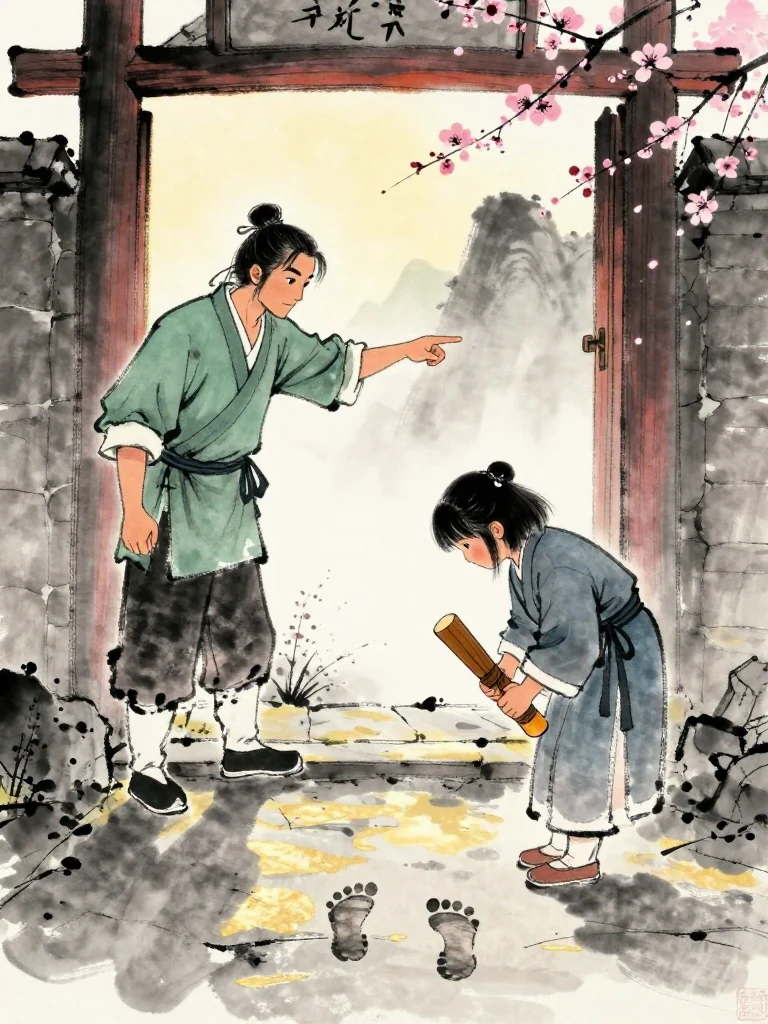 백무한 points through the open mountain gate while 진소운 bows deeply at the threshold, glances down at the exposed half-charred tally in one hand, and pushes it beneath an outer robe. Dawn light spreads across swept stone, red timber, and two fresh footprints leading inward, holding the provisional welcome and the guarded object in one still moment. Setting: 화산파 산문. Visible objects: 반쪽 매화패.