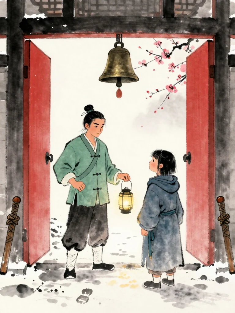 백무한 stands beneath the gate bell with two fingers curling and releasing beside a lowered lantern. 진소운 faces the same person from the marked inner snow, shoulders gathered around the borrowed outer robe and gaze lifted in wary trust. Two fresh footprints, the open red doors, and pale morning light make the threshold feel both sheltering and guarded. Setting: 화산파 산문.