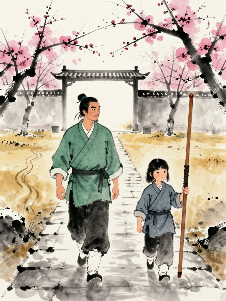 백무한 walks ahead along a slick stone path with a small smile turned toward the empty training yard. 진소운 follows three measured steps behind, hugging the worn practice sword across the chest. Pale gold dawn reveals shallow footwork grooves in damp earth, three bare plum trees carrying snow, and the open gate receding behind them. Setting: 백년수련장. Visible objects: 낡은 목검.