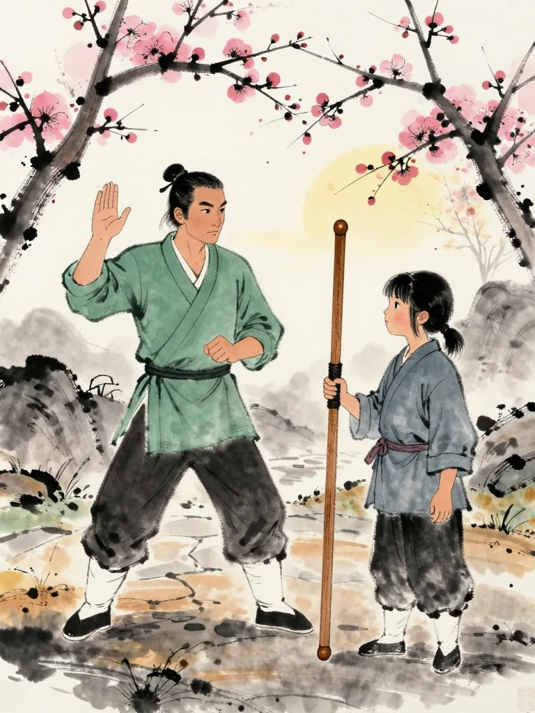 백무한 stands among old footwork grooves and raises one palm toward 진소운, directing attention from the cold hands to the worn practice sword. The second figure holds the weapon close and looks toward the stone path with earnest readiness. Bare plum trees, damp earth, and pale dawn frame the pause before warmth and work begin. Setting: 백년수련장. Visible objects: 낡은 목검.