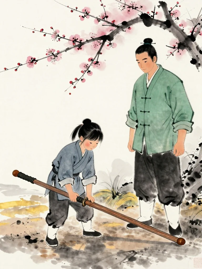 진소운 rests a forehead lightly against the patched hilt of the worn practice sword, both cold hands closed around the wood. 백무한 stands nearby beneath bare plum branches, posture calm and attentive. Soft dawn light crosses damp earth, shallow training grooves, and the bowed figure as the old weapon becomes a quiet promise of another attempt. Setting: 백년수련장. Visible objects: 낡은 목검.