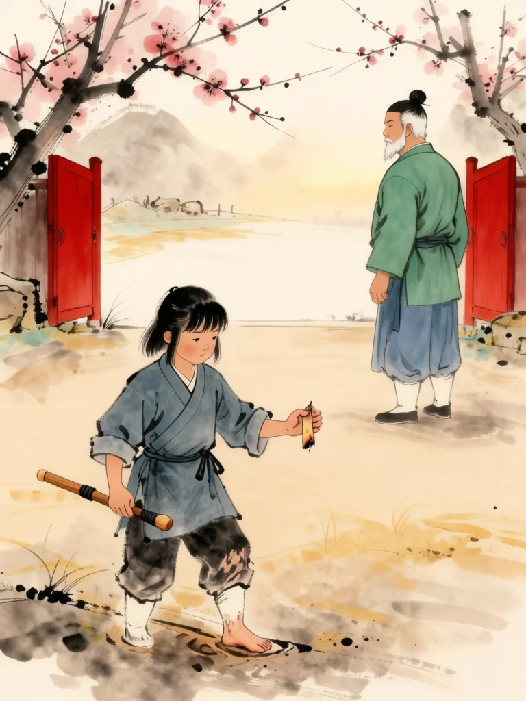 진소운 sets one foot precisely into a shallow groove at the edge of the empty training yard, the worn practice sword held heavy against a trembling arm and the half-charred tally barely visible between curled fingers. 백무한 turns toward the far boundary with gaze averted. Open gates, bare plum trees, wet knees, and pale morning light hold the uncelebrated beginning. Setting: 백년수련장. Visible objects: 반쪽 매화패 and 낡은 목검.