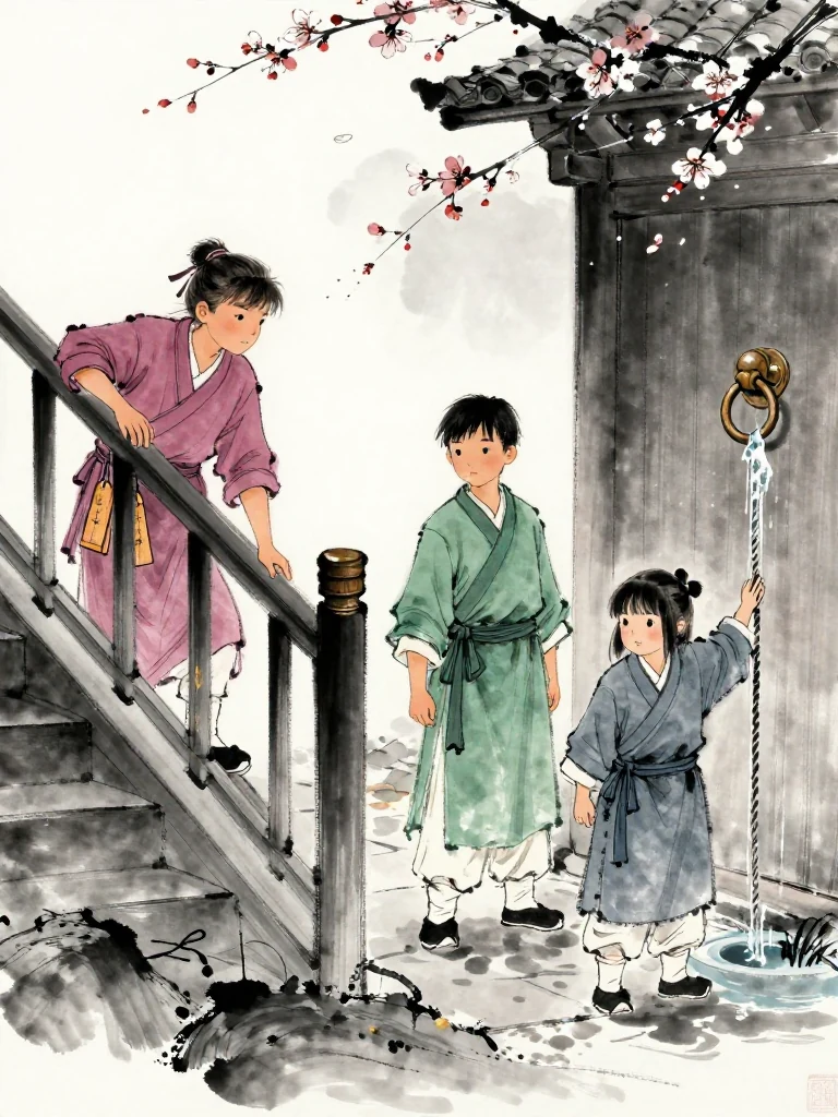 곽준 leans against the upper stair rail and hides a pair of wooden storage tags at the waist while 한도원 stands tensely nearby. 진소운 reaches toward a water tub taller than the knees, its soaked rope dark against melting frost, as the bronze gate ring sways above wet stone. Setting: 화산파 산문.
