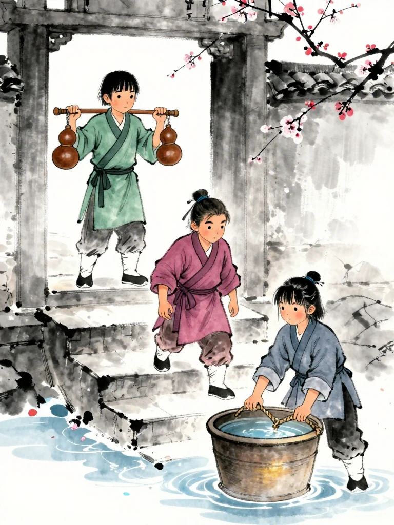 한도원 steps from behind a stone pillar carrying two small gourds and demonstrates a safer diagonal grip. 곽준 descends one stair with a hard stare, while 진소운 braces both palms beneath the heavy rope of the brimming water tub. Thin ice petals float on the surface beside the thawing gate steps. Setting: 화산파 산문.