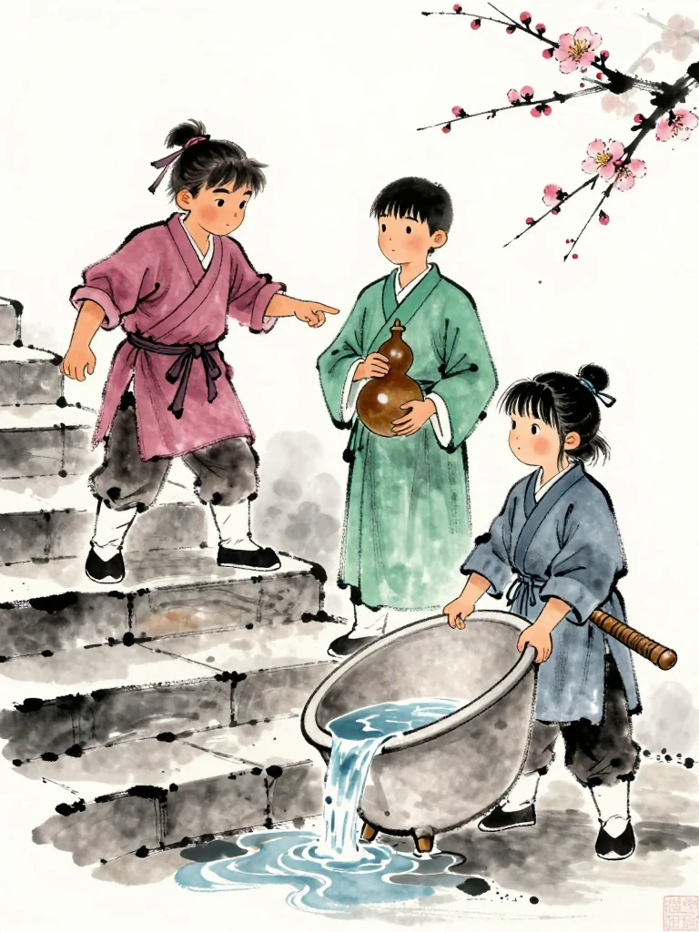 곽준 points sharply at spilled water from the upper stairs while 한도원 observes from beside the rail with both gourds held close. 진소운 steadies the tilting water tub after one foot slides across wet stone, a narrow stream spilling over the rim and darkening a lower step. Setting: 화산파 산문.