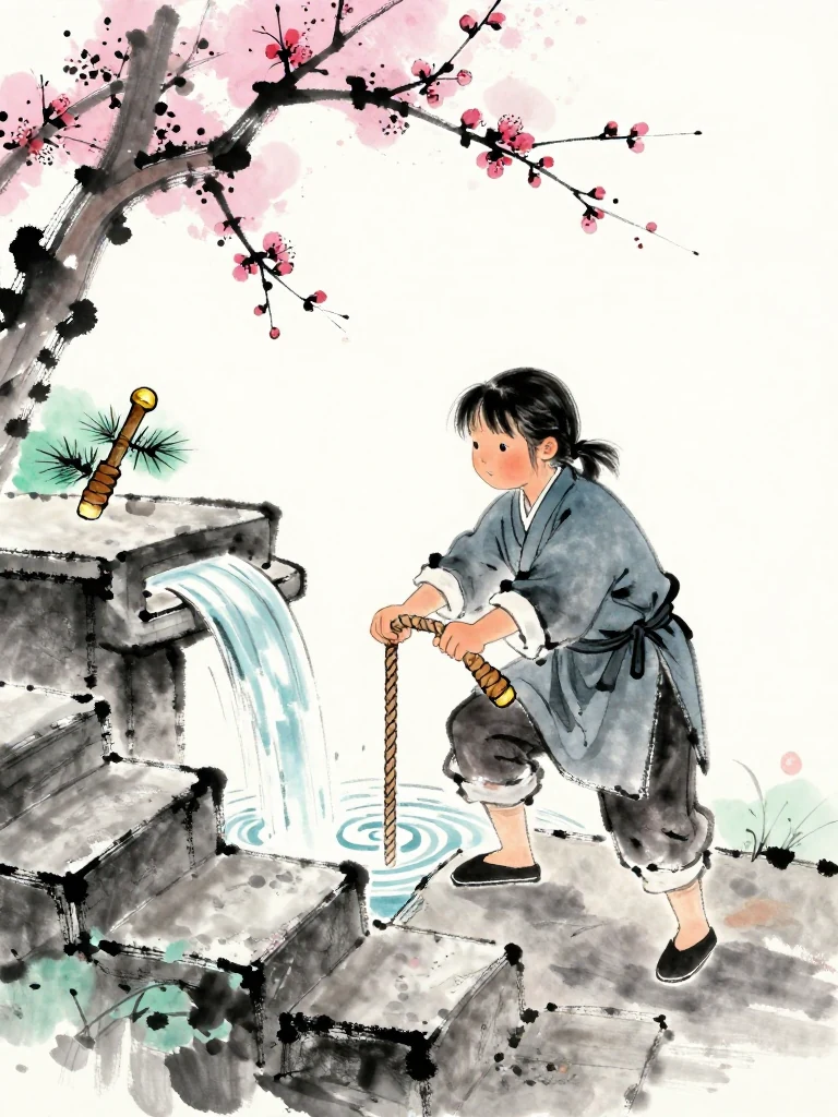 진소운 pauses before the next ascent and studies the water rolling from side to side inside the tub. Bent knees and offset feet begin to follow the moving weight, while curled fingers hold the wet rope and a measured breath softens rigid arms. Frost thaws along the stone stair edges. Setting: 화산파 산문.
