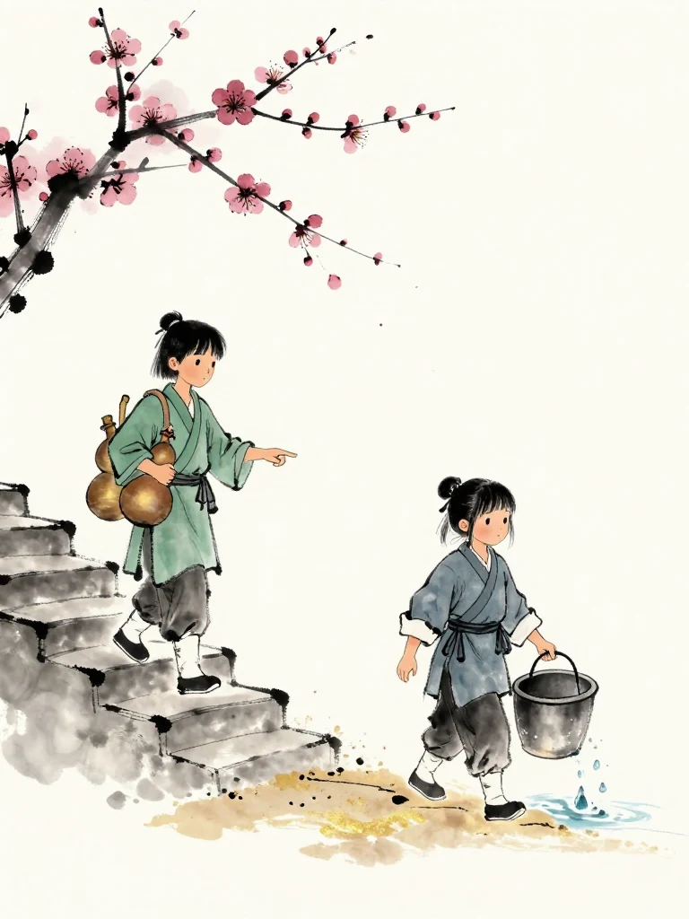 한도원 walks beside the stairs with two gourds gathered against the chest and points toward a fine line of sand near the right edge. 진소운 follows that shallow groove while lifting the water tub, placing each foot beside lingering ice as a faint plum scent rises from cold water and worn rope. Setting: 화산파 산문.