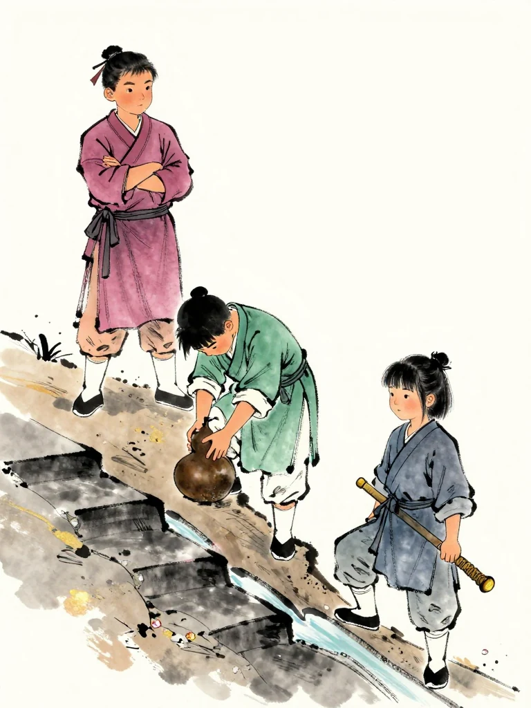 곽준 observes from above with arms folded while 한도원 bows the head and grips the gourds more tightly. 진소운 climbs along the sandy edge with the water tub balanced against the body's delayed rhythm, then pauses as overflow finds a narrow drainage groove beside the dark wet stairs. Setting: 화산파 산문.