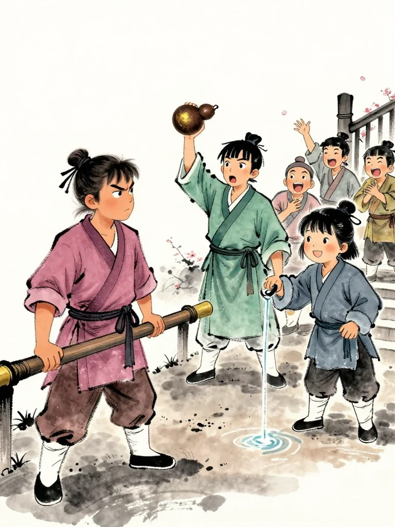곽준 turns an irritated stare toward several amused trainees beyond the rail while 한도원 nearly drops a gourd in surprise. 진소운 draws the water tub close and smiles at the thin stream following its groove, standing firmly on the dark sand line as muted laughter spreads down the gate stairs. Setting: 화산파 산문.