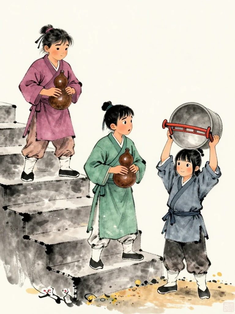 곽준 stiffens on the upper stair as quiet amusement gathers below. 한도원 looks toward the climber with startled concern, both gourds held against the chest. 진소운 lifts the water tub for another step, feet planted along the sandy edge and a small steady smile holding fear in place beneath the open red gate. Setting: 화산파 산문.