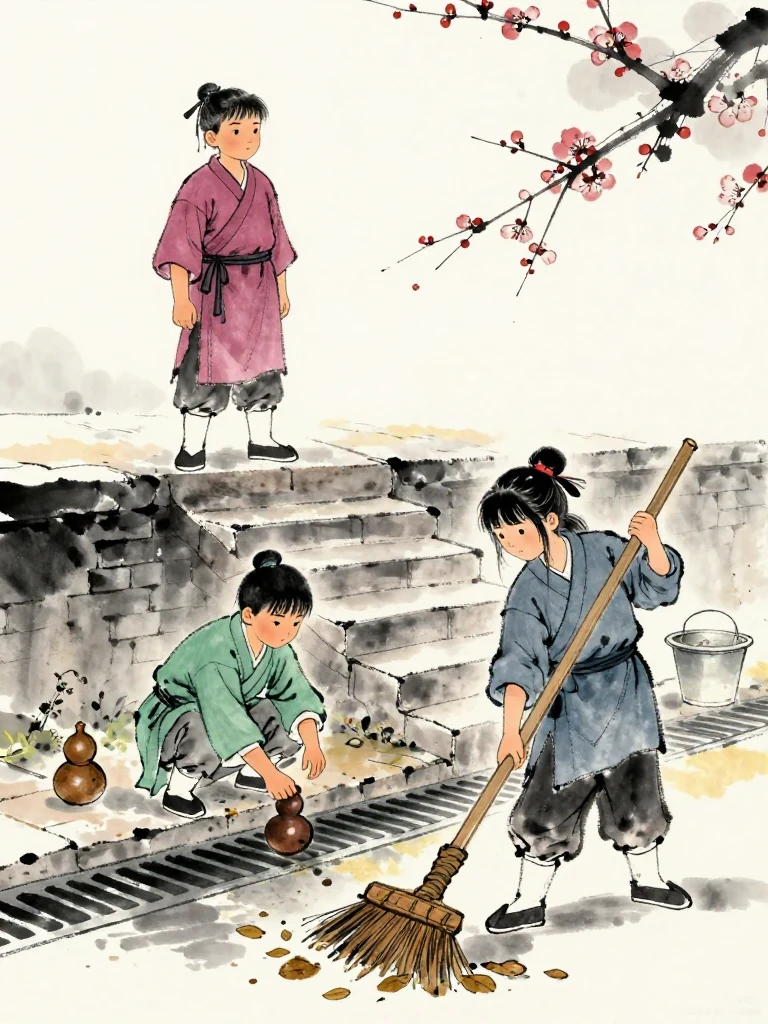 곽준 stands at the upper landing and observes in silence while 한도원 crouches beside a lower drainage groove, clearing its edge with one small gourd. 진소운 sweeps wet leaves from the thawing stairs, blistered palms tight around the broom as the emptied water tub rests upright near warm morning light. Setting: 화산파 산문.
