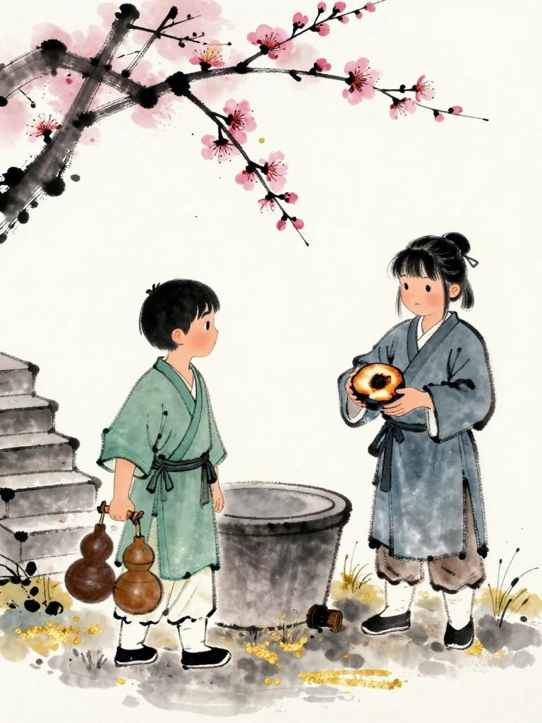 한도원 steps closer with both gourds lowered as 진소운 covers a half-charred plum tally against damp clothing. Its broken blossom edge and burned surface appear briefly beneath a protective palm. The two figures face each other beside the upright water tub, sharing cautious trust amid wet stairs and softened bronze echoes. Setting: 화산파 산문. Visible objects: 반쪽 매화패.