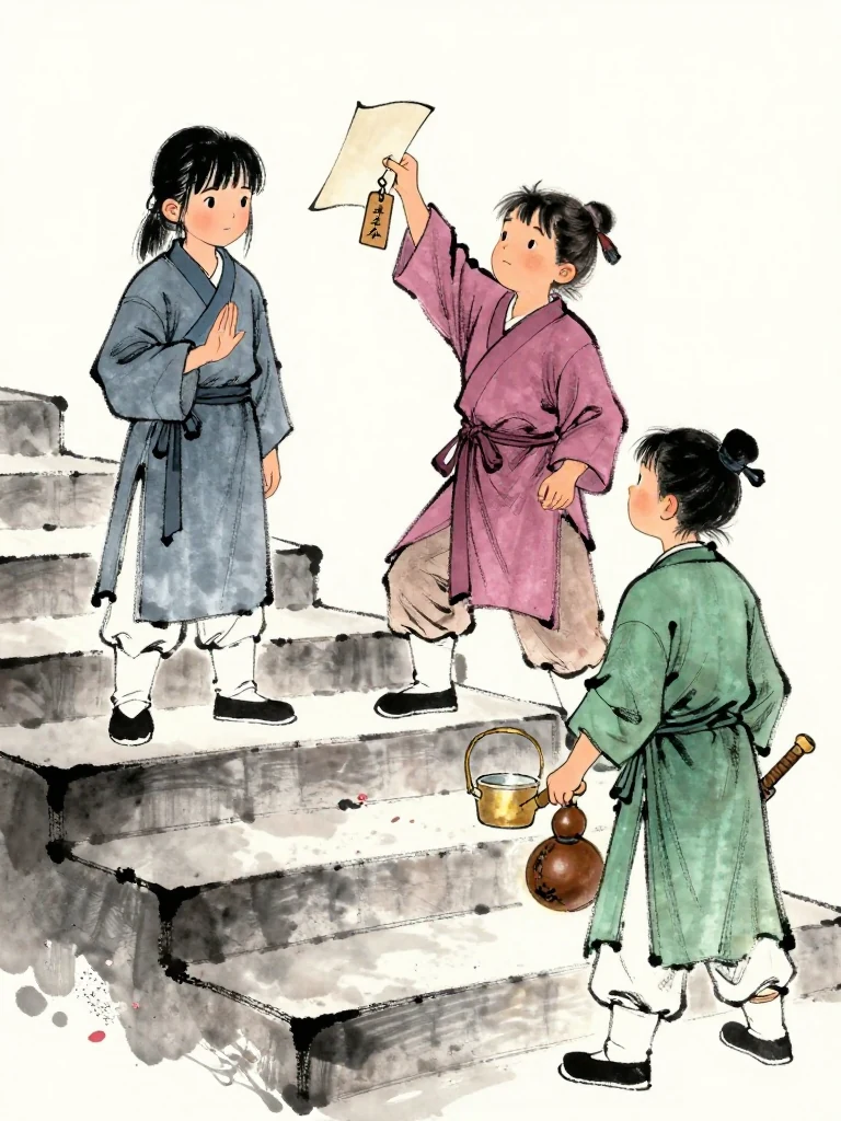 진소운 keeps one hand pressed protectively inside the robe while 곽준 flicks a wooden storage tag at the upper landing and raises a folded pale folio edge-on. 한도원 lowers both gourds as a new challenge settles over the quiet stairs, with the empty water tub standing between them. Setting: 화산파 산문.