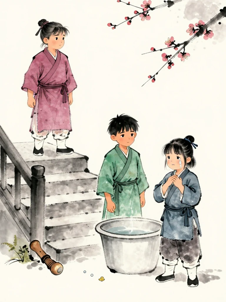 곽준 turns away from the upper landing while 한도원 remains at the lower stair with a worried face and squared shoulders. 진소운 sets the empty water tub upright, rubs stinging palms against the robe, and smiles through gathered tears. One remaining droplet opens like a tiny blossom across the tub floor. Setting: 화산파 산문.