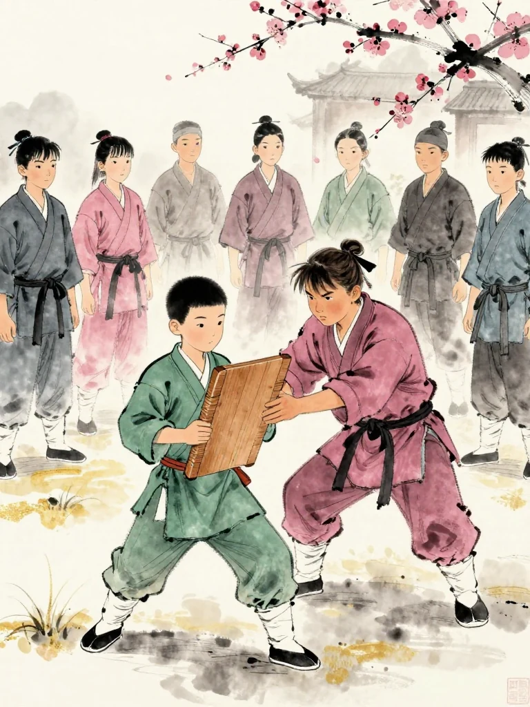 한도원 holds a thin training board against the chest and quietly demonstrates a three-step sequence with one foot. 곽준 leans close and seizes the board's edge, posture broad and threatening. Other candidates stand in a loose ring across the cold yard, their attention narrowing around the smaller figure's refusal to retreat. Setting: 백년수련장.