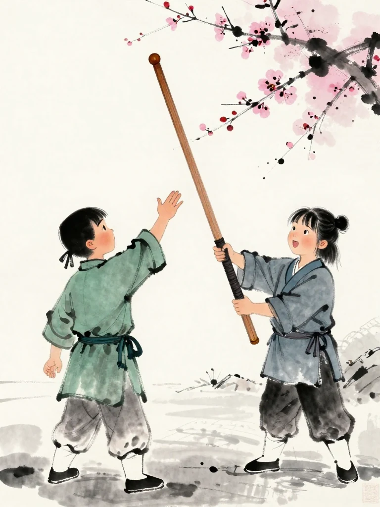 한도원 lifts a stiff ink-stained hand from the training board as 진소운 steps beside that hand and readjusts a worn wooden practice sword. Nearby laughter fades across the frozen yard. The two figures share a brief upward glance, with shallow footwork grooves leading toward the examination line. Setting: 백년수련장. Visible objects: 낡은 목검.