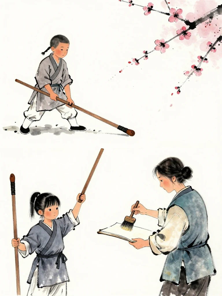 임도혁 finishes an exercise at the upper row with a long wooden practice sword and a wide stable stance. 진소운 places one small foot precisely into the first worn groove while gripping a shorter weathered wooden sword. 유설화 raises a brush over a blank folio at the yard's center, ready to begin the trial. Setting: 백년수련장. Visible objects: 낡은 목검.
