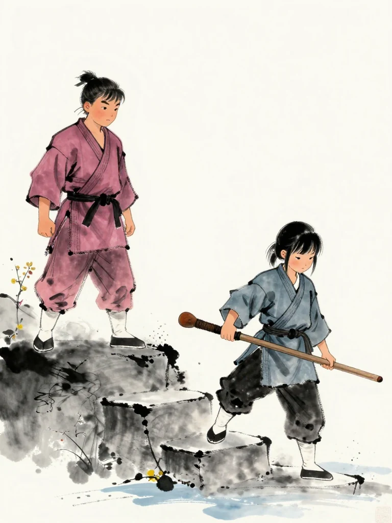 곽준 observes for a fall from beside the examination line while 진소운 completes three uneven steps across frozen earth. The smaller fighter keeps the worn wooden practice sword low, turns one foot inward, and recovers balance through a measured breath as a brief curl of dust rises from the old grooves. Setting: 백년수련장. Visible objects: 낡은 목검.