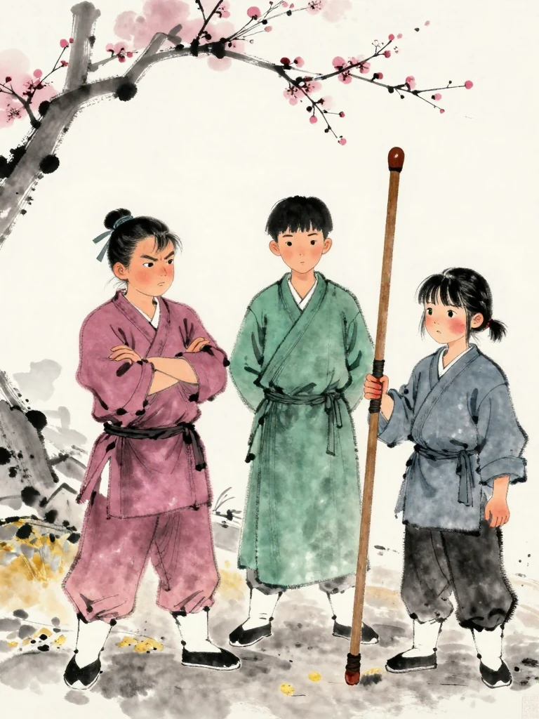 곽준 folds both arms with a hard expression while 한도원 observes the trembling grip from the yard edge. 진소운 holds the worn wooden practice sword level despite blood gathering beneath a reopened blister, shoulders shaking as the examination line waits across packed winter earth. Setting: 백년수련장. Visible objects: 낡은 목검.