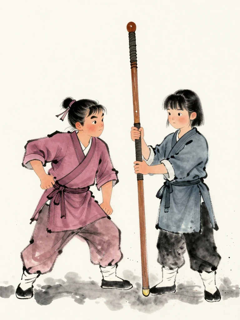 곽준 leans forward with a mocking gesture while 진소운 keeps both hands on the worn wooden practice sword. A fresh blister presses against the patched grip, yet the weapon remains raised through three measured breaths. Frozen dust settles around planted feet and the watching candidates grow still. Setting: 백년수련장. Visible objects: 낡은 목검.