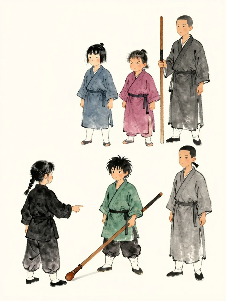 마연 studies the delayed rear foot and points toward its recovered line. 진소운 remains beneath the worn wooden practice sword with shaking arms, while 곽준 glares at the interruption. 임도혁 gives one restrained nod from the upper row, the long wooden weapon resting beside a broad stance. Setting: 백년수련장. Visible objects: 낡은 목검.
