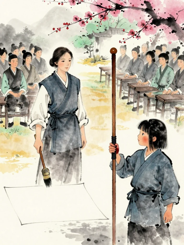 유설화 raises one hand to end the trial and lowers a brush toward a blank folio. 진소운 exhales while keeping the worn wooden practice sword upright, blood darkening one palm around the patched grip. Cold light crosses the packed yard and the examination rows pause around the hard-won result. Setting: 백년수련장. Visible objects: 낡은 목검.