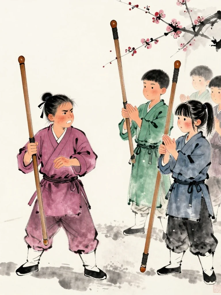 곽준 bites back frustration at the edge of the training line while 한도원 brings both hands together in one small clap. 진소운 smiles toward the yard, still holding the worn wooden practice sword beside a bloodied palm. Several candidates echo the quiet gesture as winter dust settles. Setting: 백년수련장. Visible objects: 낡은 목검.