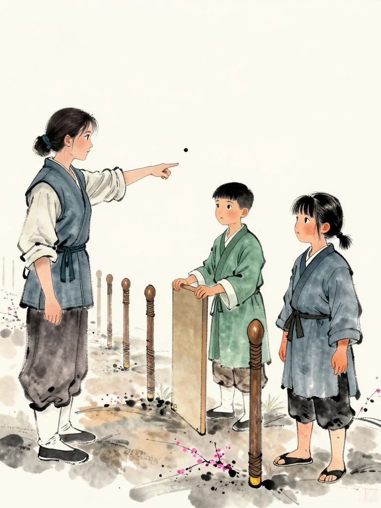 유설화 points toward the infirmary path after adding a single dark dot to a blank folio. 한도원 steadies a small training board and looks toward 진소운, whose blistered hand hangs open and whose ankle remains stiff after the trial. The examination rows recede across cold packed earth. Setting: 백년수련장.