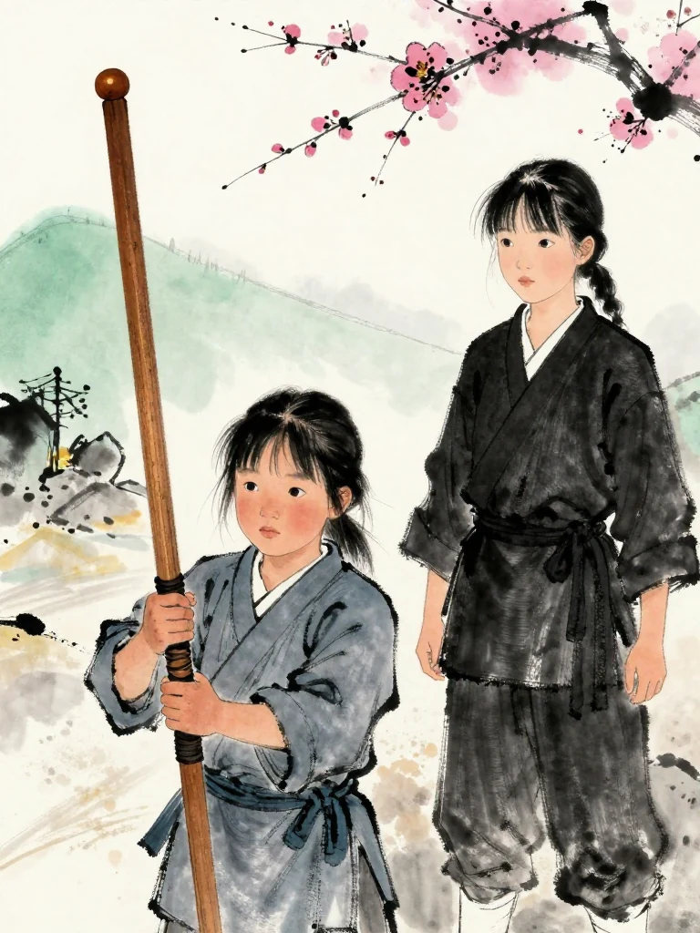진소운 hugs the worn wooden practice sword against the chest at the lowest row, blistered hand protected against the wood. 마연 pauses before leaving and looks back toward the same figure with a cool assessing gaze. Overlapping footwork grooves climb through settled dust toward the upper rows. Setting: 백년수련장. Visible objects: 낡은 목검.