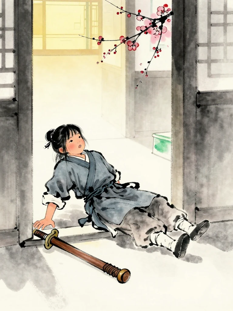 진소운 sinks onto the infirmary threshold with one hand braced against the frame and the other palm split across fresh calluses. A shortened sleeve hangs above trembling fingers, while a bitter strained reaction tightens the mouth. Warm lamplight from the clinic meets the cold corridor around the collapsing posture.