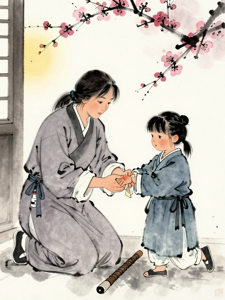 서미진 kneels at the infirmary threshold and takes 진소운's wrist with exact steady pressure. The second figure opens a blistered palm as a loose bandage edge peels away. A small medicine vial and brush hang at the examiner's waist, while warm clinic light catches the strained silence between them.