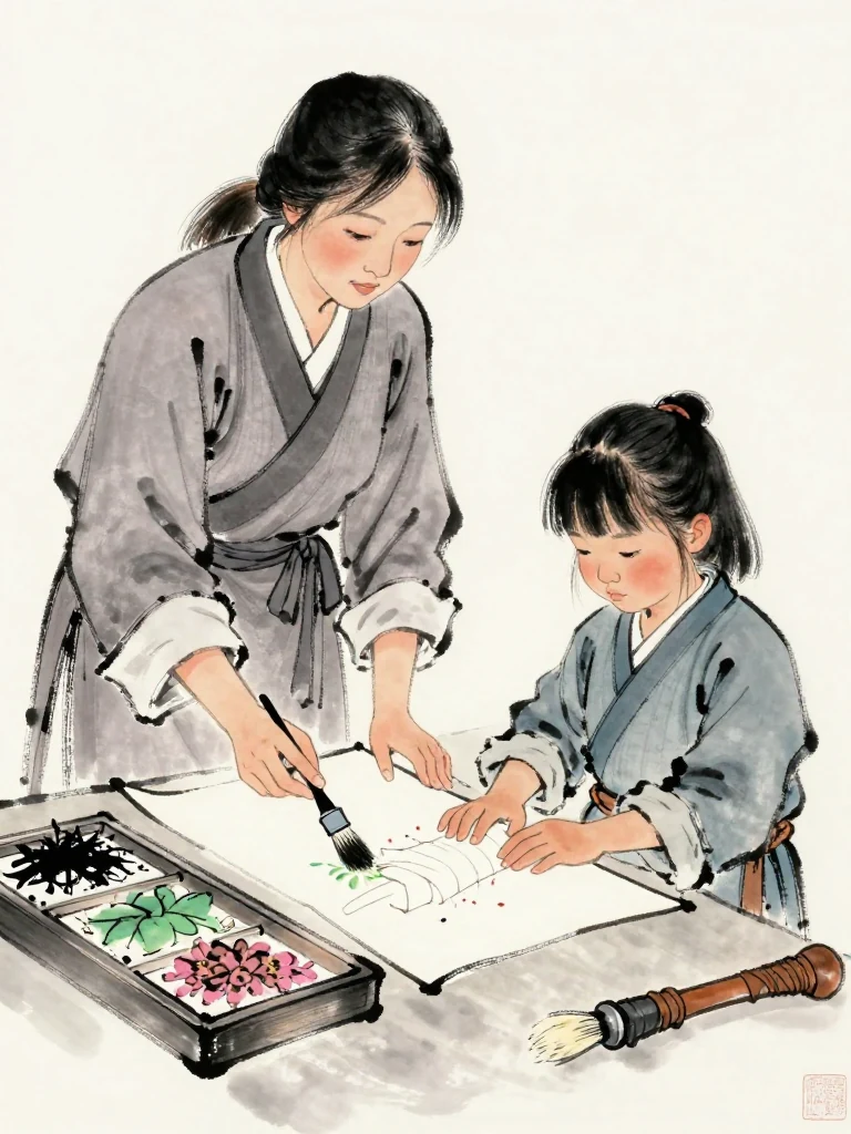 서미진 touches a brush to a blank folio beside the medicine tray while 진소운 studies the newly wrapped palm and lowers the gaze. The examiner's free hand remains near the child's pulse. Dried herbs, a low brazier, and muted clinic light turn the admission of pain into a careful lesson.