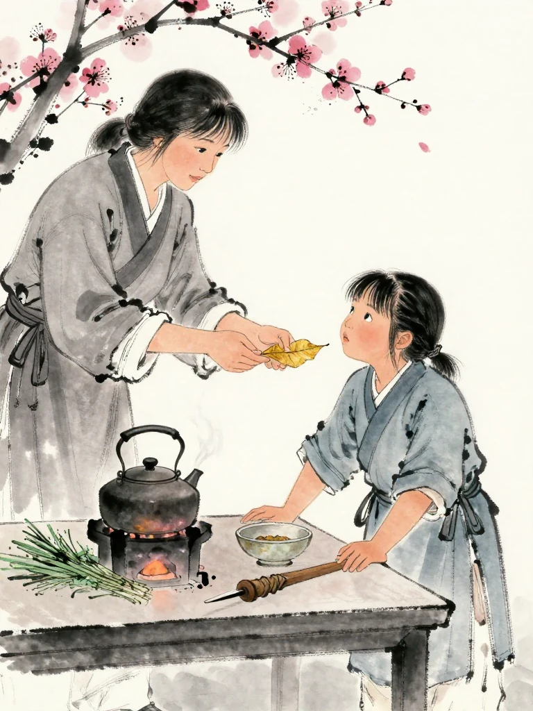 서미진 places a single dried plum leaf before 진소운 on a low clinic table. The second figure leans toward its scent, then catches a sudden sway with both hands. Steam rises from a small kettle above the brazier as bundles of herbs and a shallow medicine bowl soften the warm room.