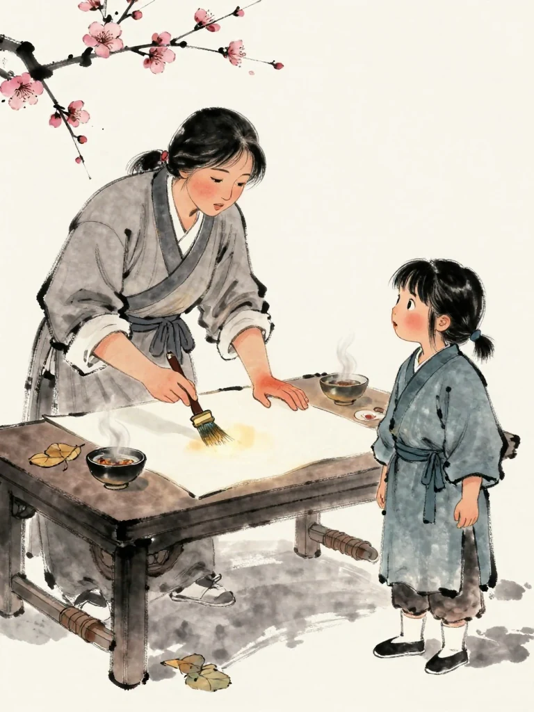 서미진 indicates the blistered palm, stiff ankle, and strained throat before moving a brush across a blank folio. 진소운 observes each physical symptom receive equal attention, surprise replacing embarrassment. Dried plum leaves and a steaming herbal bowl fill the low clinic table beneath quiet amber light.