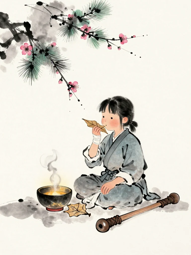 진소운 sits before a dried plum leaf and draws one careful breath toward its faint scent. The chest opens slightly on the second pulse, bandaged palm resting beside a warm medicine bowl. Steam curls through the clinic's amber light as the first controlled exercise begins in deliberate stillness.