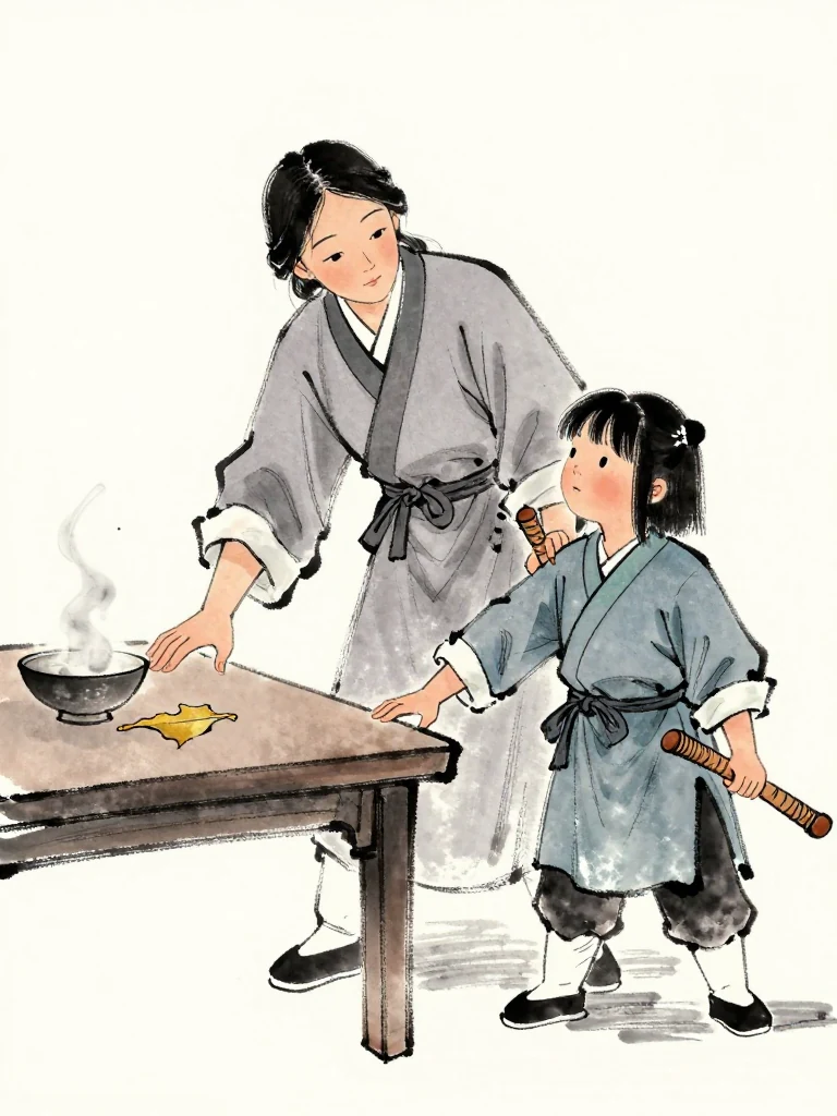 서미진 reaches across the low table as 진소운 steadies a tilting body and points toward the throat with a newly honest expression. The dried plum leaf shifts beside the steaming bowl, and the clinic floor seems to angle beneath the child's planted hand. Concern eases across the examiner's posture.