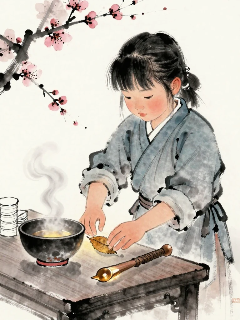 진소운 lowers both hands after the short breathing exercise and nudges a dried plum leaf across the low table with one fingertip. The small leaf glides lightly while the body remains heavy beside the medicine bowl. Warm steam, folded bandages, and amber clinic light hold the disciplined stopping point.