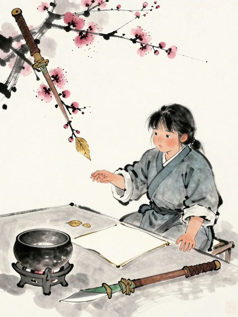 진소운 sits heavily beside the clinic table and reaches toward the dried plum leaf as if requesting another attempt. A blank folio lies near the medicine bowl and low brazier, its presence guiding the day's limit through physical placement. Damp eyes and slumped shoulders show the cost of continuing too quickly.