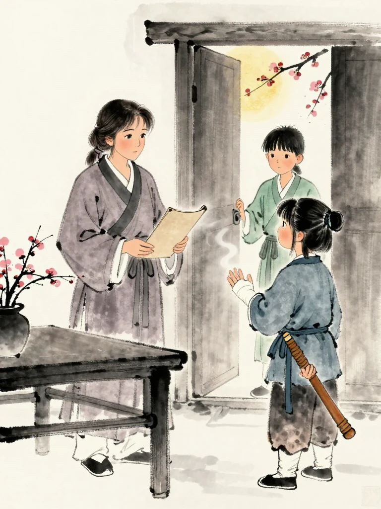 서미진 stands beside the low medicine table while 한도원 peers through the doorway and holds a thin blank folio close. 진소운 lifts a freshly bandaged hand, then lowers it after seeing the visitor's worried gaze. Dried herbs and gentle steam frame the quiet offer of help.