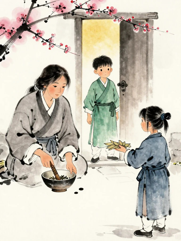 서미진 stirs the bitter herbal bowl and places another dark dot on a blank folio. 한도원 waits by the doorway with a small stack of blank leaves, while 진소운 studies the wrapped hand and accepts a day of observation. Amber light gathers around the three patient figures.
