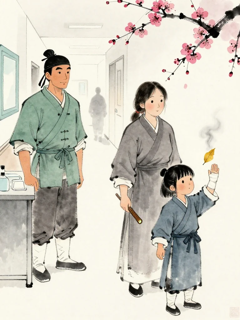 백무한 pauses as a distant shadow at the clinic corridor's far end while 서미진 gives a rare small smile beside the medicine table. 진소운 raises the bandaged hand and follows a dried plum leaf through three short breaths. Steam and warm lamplight keep the unseen observation quiet and restrained.