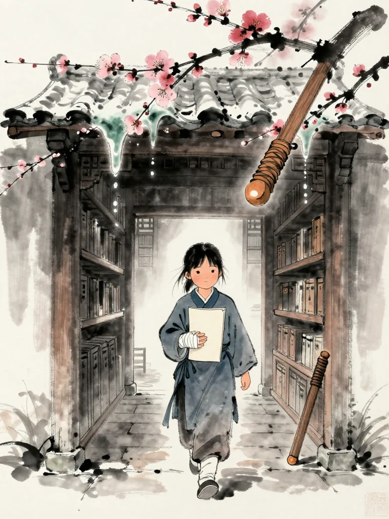 진소운 walks beneath melting eaves with a bandaged hand wrapped around a thin blank folio held against the chest. The archive corridor ahead is dim, dry, and close, with low wooden shelves, stone flooring, and a small ladder. Drops from the first thaw gleam beyond the doorway.